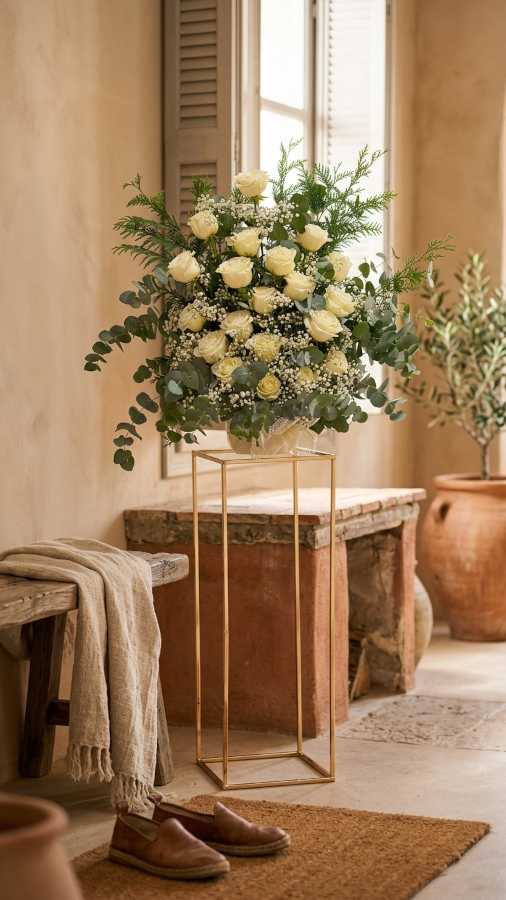 Centro de rosas blancas con eucalipto sobre pedestal dorado en decoración de interiores.