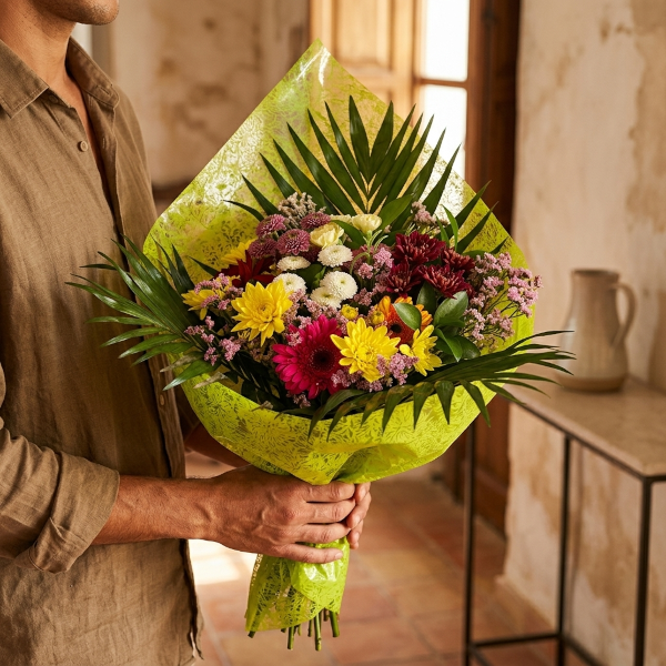 Hombre sosteniendo un ramo aniversario variado con margaritas amarillas y gerberas fucsia
